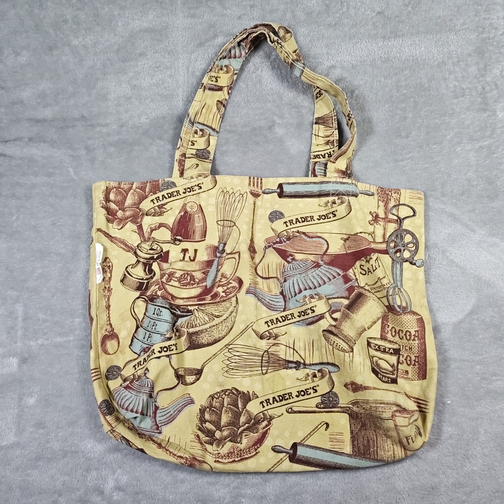 Vintage Trader Joes Tote Bag Kitchen Utensil Canvas Reusable Grocery Made In USA